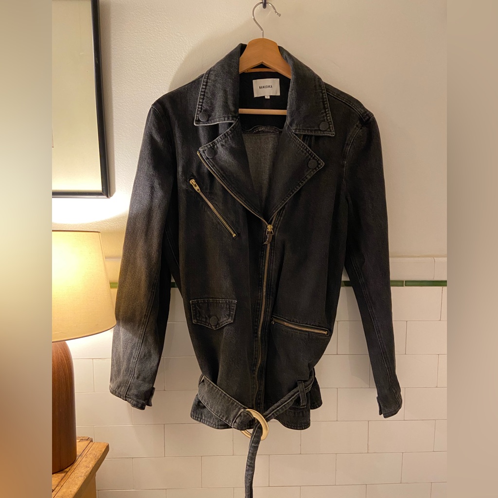 Nanushka Cite Oversized Denim Belted Biker Jacket